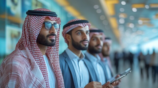 Three Middle Eastern Men in Traditional Clothing Using Tablets