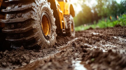 A close-up view of a muddy tractor tire in a rugged field, showcasing its rough texture and immense power, perfect for themes related to agriculture, construction, and off-road adventures.