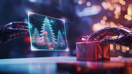 Robotic hands present holographic Christmas tree image.