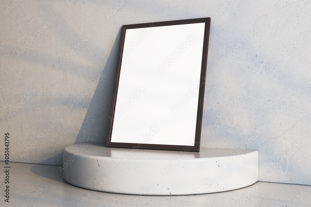 Aufkleber empty white frame on pedestal. concrete wall background. mock up concept. 3d rendering.