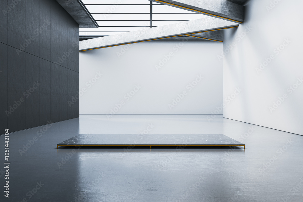 Poster modern spacious concrete interior with pedestal and mock up place on gray wall. mock up, 3d renderin