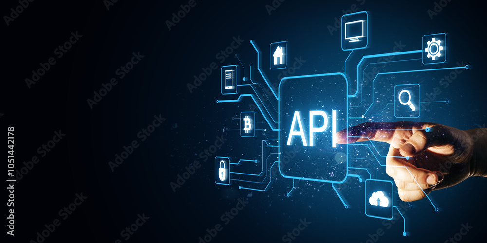 Poster Close up of male hand pointing at glowing api data hologram on blue background with mock up place. Big data, Application programming interface concept.