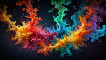 Detailed chemical reaction, with molecules colliding and reacting. Show vibrant flashes of light, smoke, and color changes to represent energy transfer and transformation