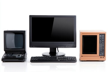 Fototapeta premium Vintage and modern computers on white background