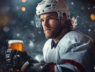 Fototapeta premium Contemplative man in white holds beer in snow.