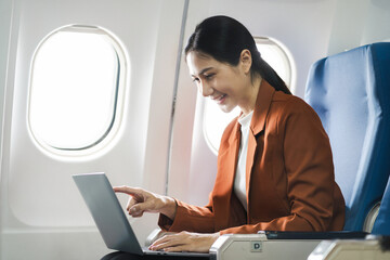 Happy woman airplane travel,  Portrait of woman with journey.