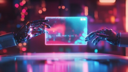 Robotic hands exchanging a dynamic digital tablet.
