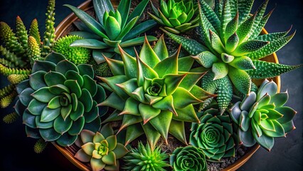 Fototapeta premium Top View of Lush Green Houseplants Collection Including Aloe Vera and Pot Plants, Perfect for Night Photography and Indoor Decor Inspiration