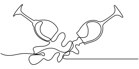 Single line drawing of a wine glass, One line  Drawing or illustration of white wine, Two clinking champagne glasses one line design. Creative sparkling wine glass, continuous lines vector banner.