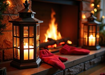 Christmas gifts tree lanterns fireplace mitten holiday