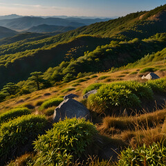 A picturesque view of Soni Kougen Plateau in Japan showcases rolling green hills, dotted with vibrant wildflowers.