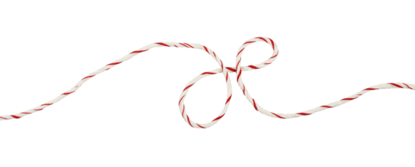 Curled white and red Christmas wrapping rope in a line arrangement isolated on white or transparent background