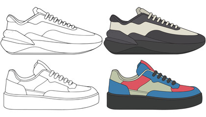 Bundling set vector sneakers shoes for training, sneakers shoe vector illustration. Sneakers color full.