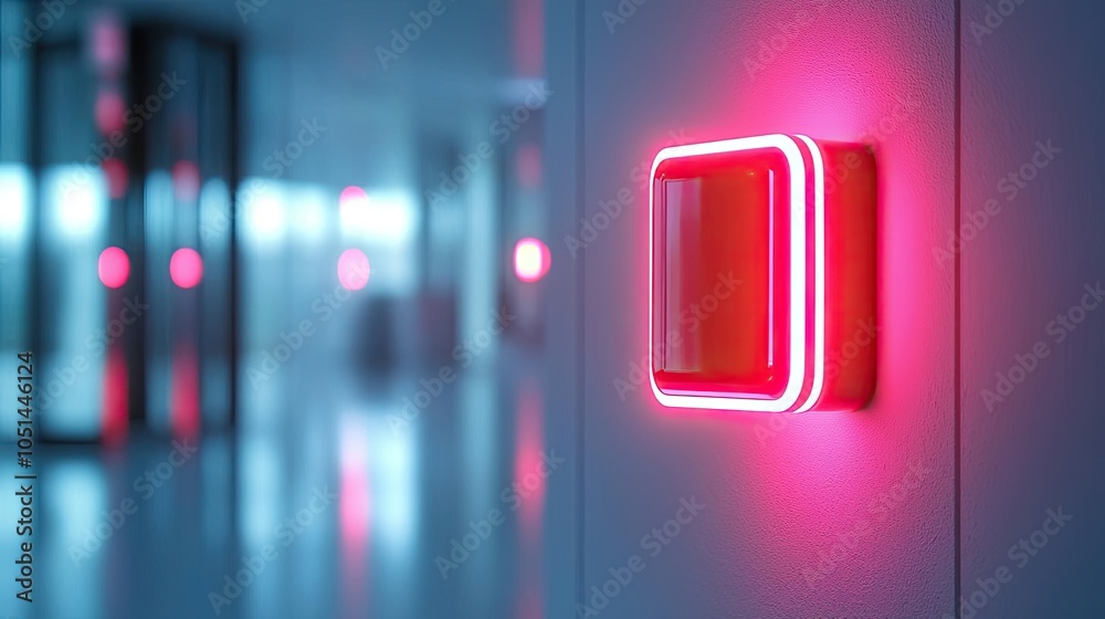 Poster illuminated button in a modern corridor, enhancing futuristic ambience.