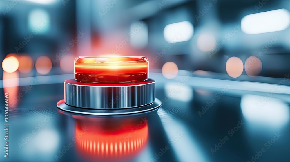Poster Close-up of a glowing red button on a metallic surface, blurred background.