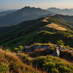 A picturesque view of Soni Kougen Plateau in Japan showcases rolling green hills, dotted with vibrant wildflowers.