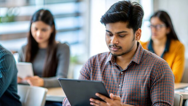 An Indian student using a tablet for study, with a blurred modern classroom environment.
