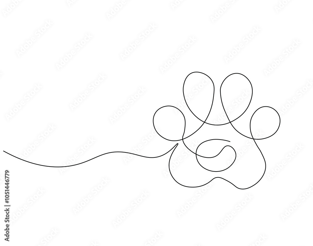 Sticker continuous one line drawing of dog or cat paw. one line drawing illustration of dog or cat mark foot