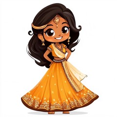 Fototapeta premium A cute Indian cartoon girl in a traditional lehenga, smiling brightly