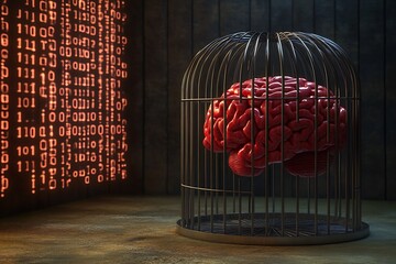 A human brain trapped inside a birdcage, representing the limitations of technology and the potential for creativity to be stifled.