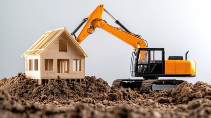 Obraz premium Construction Site with Wooden House Model and Excavator Machinery