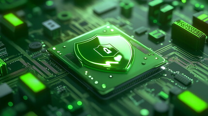 Fototapeta premium A green shield with a lock icon floating over, Generative AI
