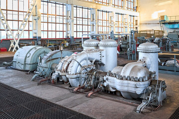 Compression department machinery. Chemical industrial interior Example. High pressure nitrogen turbine compressor of nitrogen fire extinguishing system.