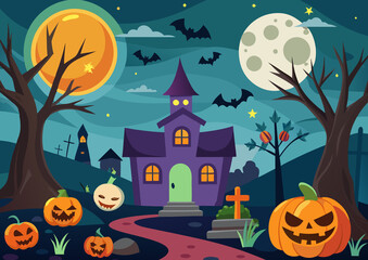 Fototapeta premium A vibrant and playful Halloween cartoon illustration background, perfect for holiday greetings. The scene features cheerful elements like smiling pumpkins, friendly ghosts, cute bats, and candy.