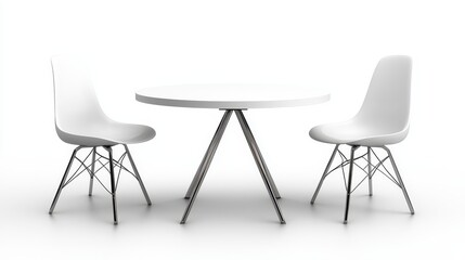 White round table with three contemporary chairs, isolated on white background, ideal for advertising and interior design promotions