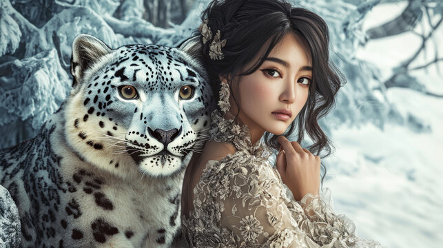 Woman with Snow Leopard