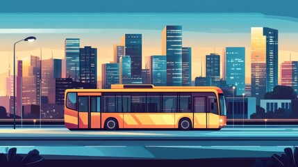 Bus driving against an urban cityscape background
