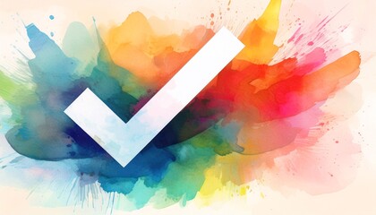 A vibrant watercolor background featuring a bold white check mark, symbolizing approval or completion