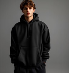 Man wearing mock up black hoodies