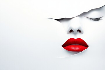 beautiful face of pale complexion peers out from paper, with red lips, closed eyes, volumetric lighting on her cheekbones, minimalist in style, 3D rendered illustration, set against a white background
