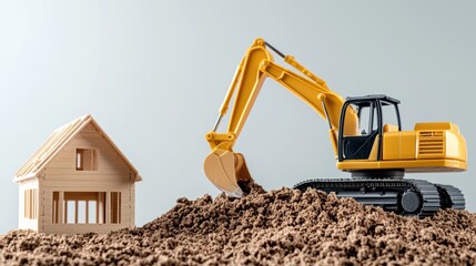 Obraz premium Excavator Digging at a Residential Construction Site with a Partially Built House