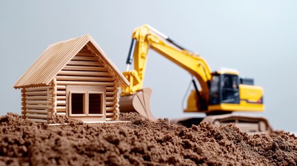 Obraz premium Wooden Log Cabin Being Constructed with Excavator on Rural Landscape