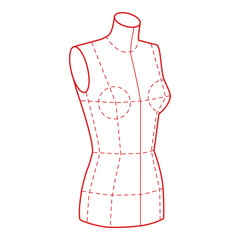Obraz premium Minimalistic red outline of a female dress form with dashed lines, front view