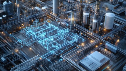 A smart grid network in an industrial area, where factories are powered by renewable energy sources that are monitored and controlled by AI-driven energy management systems
