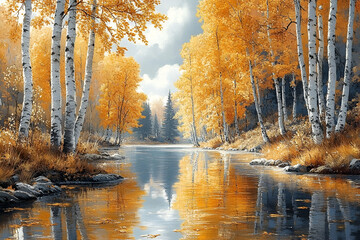 Obraz premium A serene landscape featuring golden autumn trees reflected in a tranquil river, under a cloudy sky, creating a peaceful and picturesque nature scene.