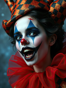 Portrait of a woman with striking jester makeup.