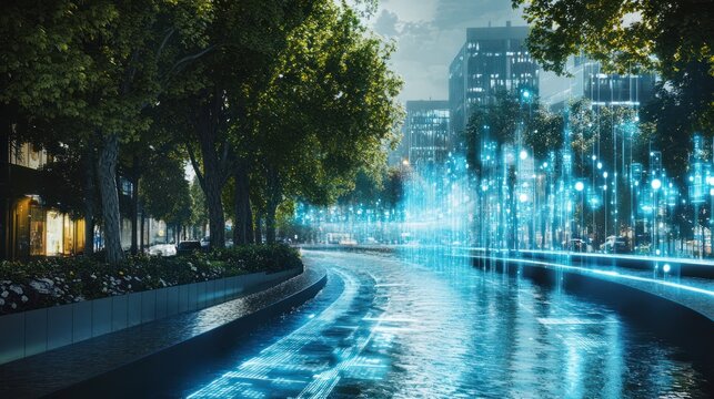 An urban city implementing an innovative water conservation strategy, using automated sensors to monitor and optimize water usage in public areas and residential zones
