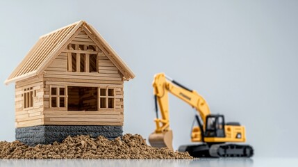 Obraz premium Construction of New Wooden House with Excavator Working at Building Site