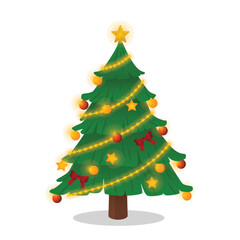 Christmas Tree with full ornament ribbon and star pine vector illustration with star ornament decoration in flat art style perfect for design element business and Christmas decoration template asset