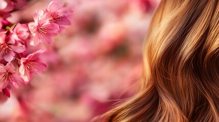 Naklejka premium Close-up of flowing hair next to beautiful pink cherry blossoms.