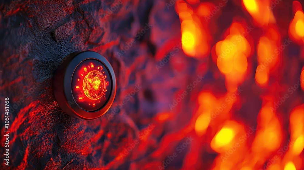 Poster red illuminated device mounted on textured wall, abstract technology backdrop.