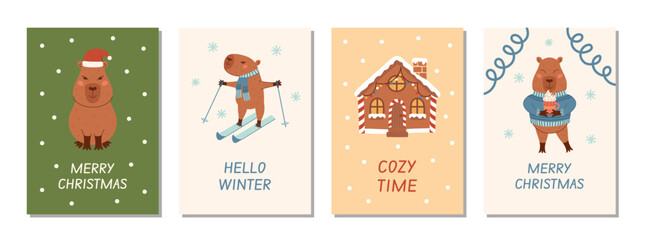 Set of greeting cards with cute Christmas capybara in warm clothes, on skis and a mug of coffee. Collection of winter new year posters with gingerbread house. Vector Flat Illustration.