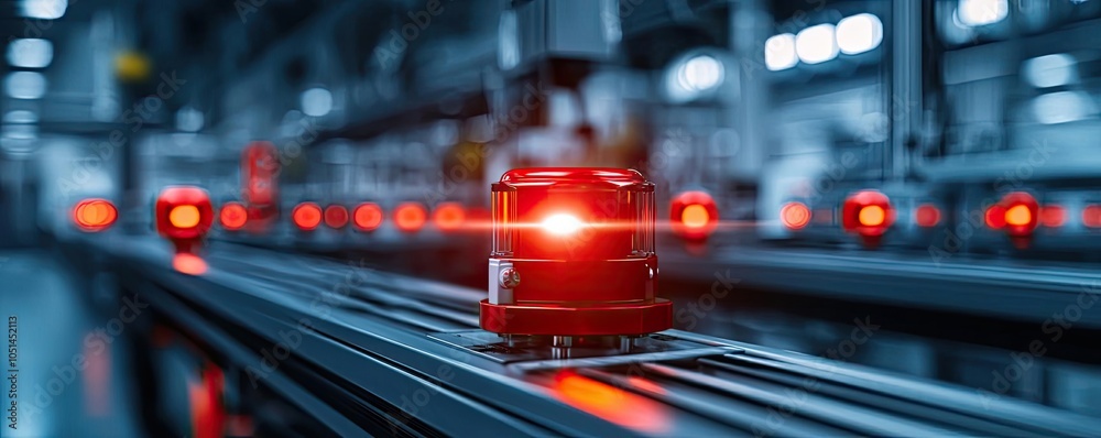 Poster red warning light on a production line, illuminated in an industrial setting.