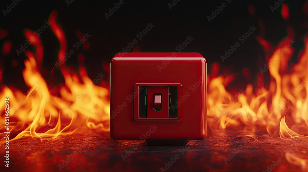 Aufkleber red emergency stop button with flames in the background.