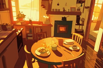 Quaint Dining Room with Vintage Charm, a Wooden Side Table for Drinks, and Decorations that Reflect the Beauty of the Changing Seasons, Cozy Vibe, Generative AI 