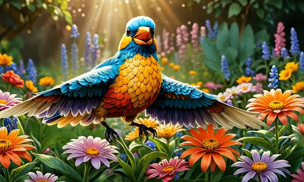 Vibrant Bird in a Colorful Flower Garden. Seamless Looping 4K Time-lapse Video Background